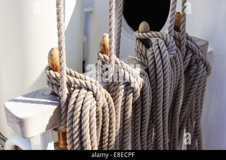 Tall ship rigging, tied ropes Stock Photo