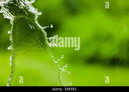 Falling Water Splash over Green Abstract Background Stock Photo
