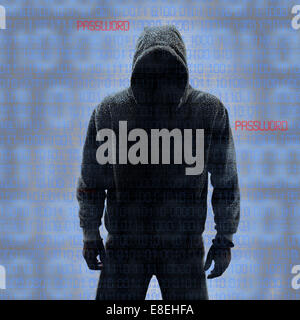 Binary codes with hacked password on black background Stock Photo