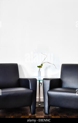 Modern Interior Room and white wall with space for your text. Two luxurious couch and glass table with accessories of your choic Stock Photo