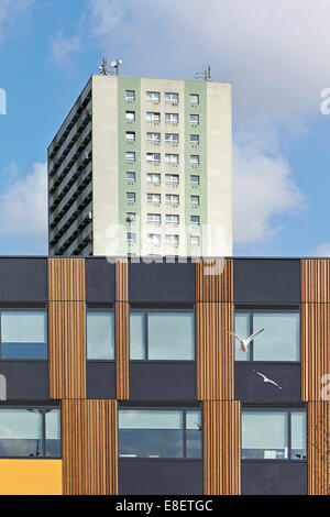 Oasis Academy Hadley, Enfield, United Kingdom. Architect: John McAslan & Partners, 2013. Juxtaposition of new school facade with Stock Photo