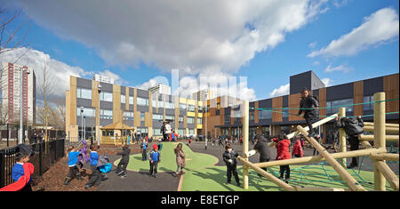 Oasis Academy Hadley, Enfield, United Kingdom. Architect: John McAslan & Partners, 2013. Campus schoolyard with playground for c Stock Photo