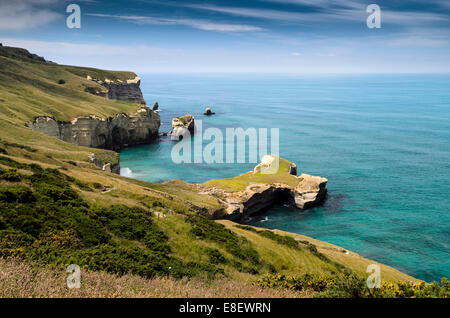 Rocky cliffs on the Pacific coast at Tunnel Beach, Dunedin, Otago Region, South Island, New Zealand Stock Photo