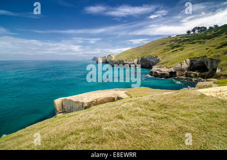 Rocky cliffs of the Pacific coast at Tunnel Beach, Dunedin, Otago Region, South Island, New Zealand Stock Photo