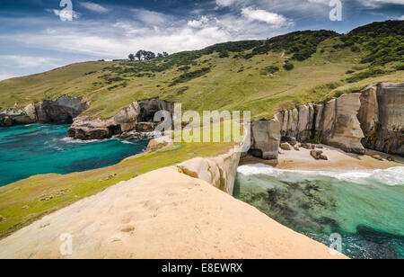 Rocky cliffs of the Pacific coast at Tunnel Beach, Dunedin, Otago Region, South Island, New Zealand Stock Photo