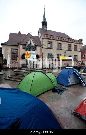 Tents are pictured in front of the old city hall in Goettingen (Lower Saxony), Germany, 07 October 2014. After demonstrations against the violence of the terrorist militia Islamic State (IS) on Monday night, demonstrators camp in tents in front of the old city hall. PHOTO: SWEN PFOERTNER/DPA Stock Photo