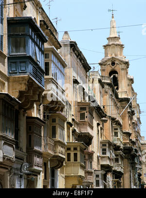 Balconies, St Paul's Street, Valletta, Malta Stock Photo