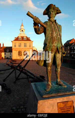 Statue of Captain Vancouver at dusk on the Purfleet Quay, King's Lynn, Norfolk. Stock Photo