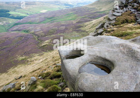 Northern edge of Kinder Scout, Peak District, England. View of heather moorland below. Stock Photo