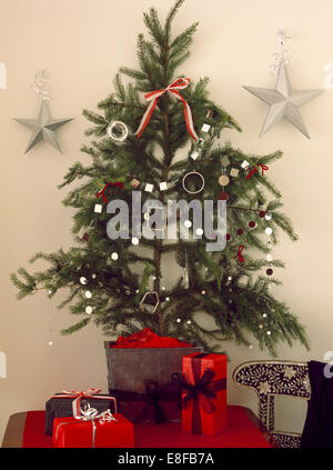 Small Christmas tree made from a conifer branch and decorated with white lights and home made decorations Stock Photo
