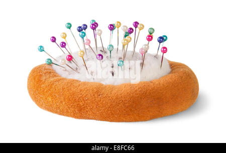 Sewing Pins In Pin Cushion Isolated On White Background Stock Photo