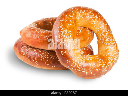 Three Bagels With Sesame Seeds Isolated On White Background Stock Photo