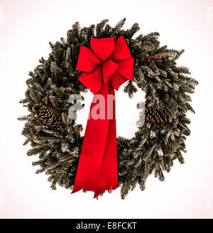 christmas wreath, red ribbon bow, isolated on white background Stock ...