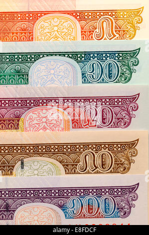 Mongolian banknotes showing Mongolian number system. [from the top] 5, 10, 20, 50, 100 Stock Photo