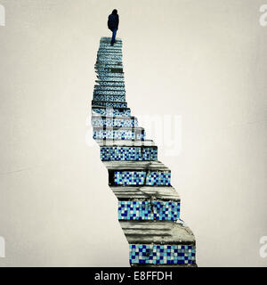 Rear view of a Man walking up stairs, South Korea Stock Photo