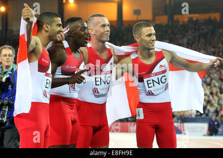 Adam Gemili, Harry Aikines-Aryeetey, Richard Kilty and Danny Talbot (all ENG). England take the Silver Medal - Men's 4 x 100m Fi Stock Photo