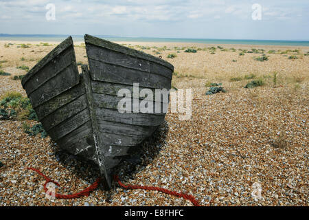 Wooden boat on beach, Dungeness, Kent, England, United Kingdom Stock Photo