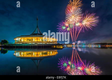 Thailand, Bangkok, View of Rama IX Park with fireworks