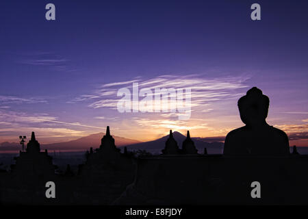 Indonesia, Central Java, Magelang, Silhouette of Borobudur Temple, 9th century Stock Photo