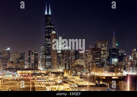 City Skyline at Night, Chicago, Illinois, USA Stock Photo