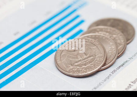 Close-up of a stack of American coins on a financial graph Stock Photo