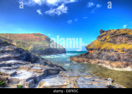 Boscastle coast North Cornwall between Bude and Tintagel England UK like painting on a beautiful sunny blue sky day in HDR Stock Photo