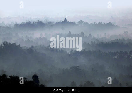 Indonesia, Central Java, Morning in Borobudur Temple Stock Photo