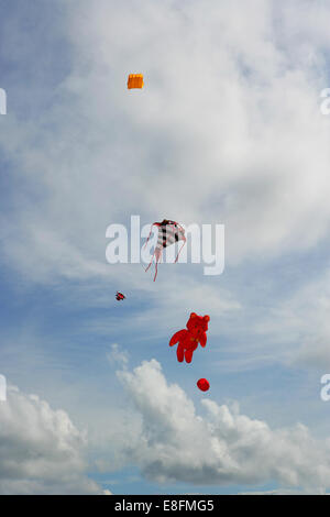 Kites flying in sky at kite festival, Fanoe, Denmark Stock Photo