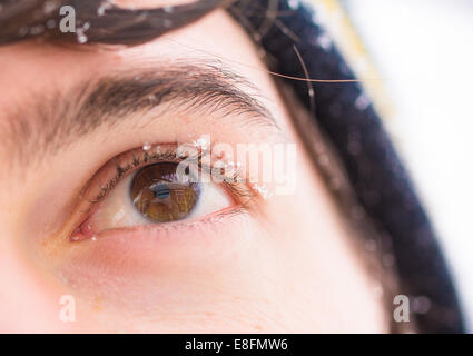 Snowflakes on a man's eye Stock Photo