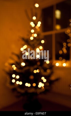 Defocussed Christmas tree with lights in a corner Stock Photo