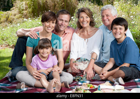 Three generation family having picnic in park, Cape Town, Western Cape, South Africa Stock Photo