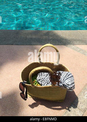 Beach bag with sunglasses by swimming pool