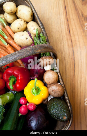 Close-Up overhead view of a basket filled with assorted fresh fruit and vegetables Stock Photo