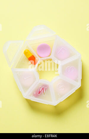 Elevated view of plastic pill box Stock Photo