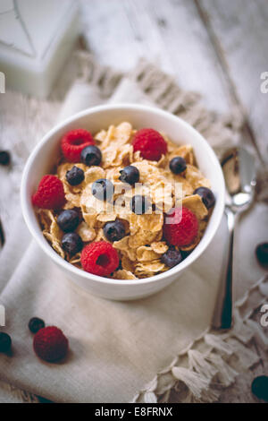 Cornflakes with blueberries and raspberries Stock Photo