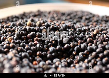 Close-up of a bowl of juniper berries Stock Photo