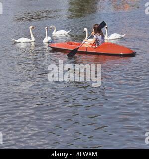 Girl kayaking on lake with swans Stock Photo