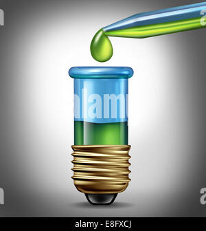 Scientific research Ideas as a biotechnology concept with a laboratory an eye dropper with green liquid and a test tube glass beaker shaped as a light bulb as a symbol of chemistry  discovery for new pharmaceutical development to fight disease. Stock Photo