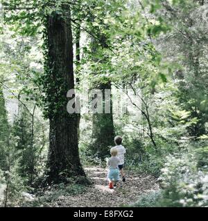 Two boys walking in the woods Stock Photo