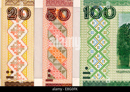 Detail of Belarus banknotes showing the Blind Code - raised intaglio ...