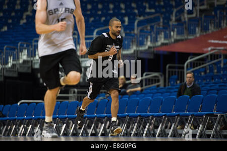Berlin, Germany. 7th Oct, 2014. San Antonio's Tony Parker during the training session by San Antonio Spurs at 02 World in Berlin, Germany, 07 October 2014. The match between Alba Berlin and the San Antonio Spurs takes place on 08 October 2014 as part of the NBA Global Games. Credit:  dpa picture alliance/Alamy Live News Stock Photo