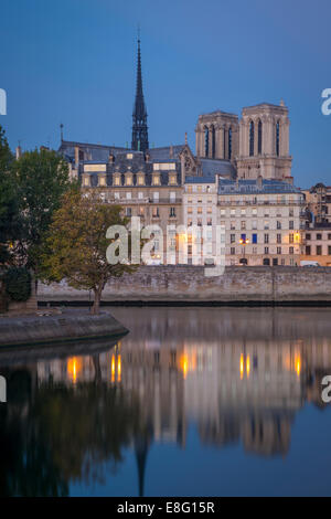 Very calm River Seine just before dawn with Ile-de-la-Cite and Cathedral Notre Dame beyond, Paris, France Stock Photo