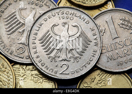 Coins of Germany. German eagle depicted in old Deutsche Mark coins. Stock Photo