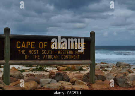 Sign of the Cape of Good Hope, rocky headland on the Atlantic coast of Cape Peninsula rounded in 1488 by explorer Bartolomeu Diaz, symbol for sailors Stock Photo