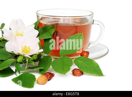 Wild rose tea with flowers isolated on white