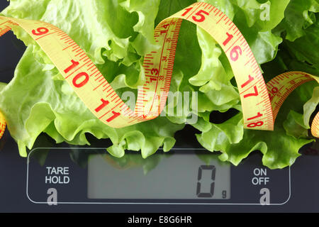 Green lettuce and tape measure in a black plate on digital scale displaying 0 gram. Stock Photo