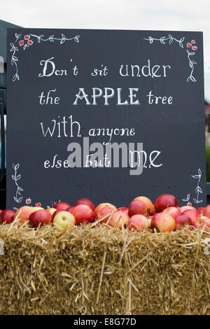 'Don't sit under the Apple tree with anyone else but me' Blackboard with Apples on a straw Bale Stock Photo