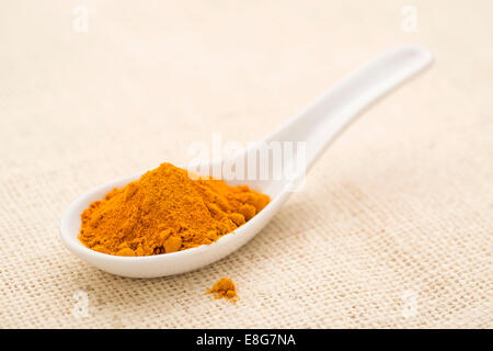 organic turmeric root  powder on a white Chinese spoon against burlap canvas Stock Photo