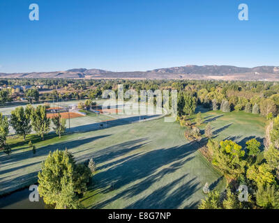 aerial view of a local park with baseball fields in Fort Collins, Colorado, early fall morning with frost on grass Stock Photo