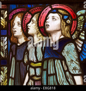 Angels in a stained glass window at St James Church Warter East Yorkshire, England Stock Photo